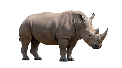Obraz premium Majestic White Rhinoceros Isolated on Pure White Background - Detailed Full-Body Cutout of the Endangered African Big Five Mammal for Wildlife, Conservation, and Nature Projects.