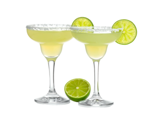 Two frosted glasses of refreshing lime cocktails with salt rims
