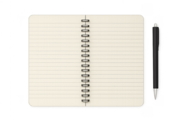 Open spiral notebook with blank lined paper and pen