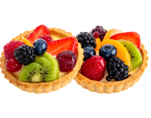 Two delicious fruit tarts with fresh berries and kiwi slices