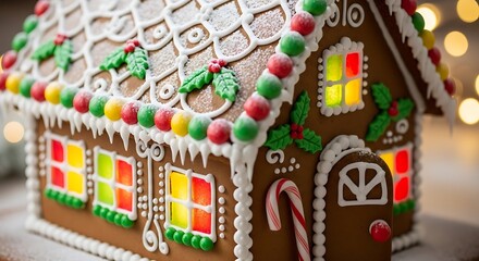 Festive Gingerbread House with Candy Decorations and Warm Glow