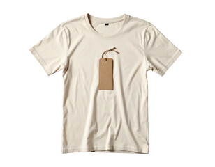 Beige tee with paper tag; laid flat, center frame