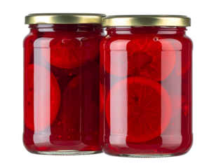 Two jars of preserved fruit, rich red hue, with gold lids