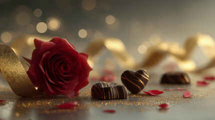 赤いバラとハート型チョコレートが並ぶ上質なバレンタインシーン