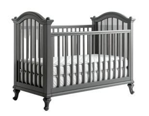 Gray crib w/ mattress; arched head & footboards