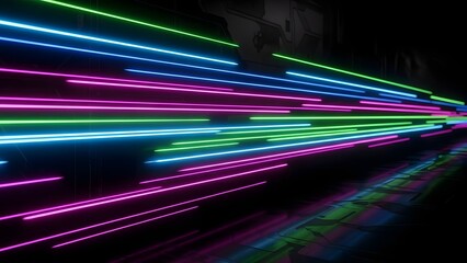 Vibrant neon light trails on a dark background creating a dynamic abstract visual effect