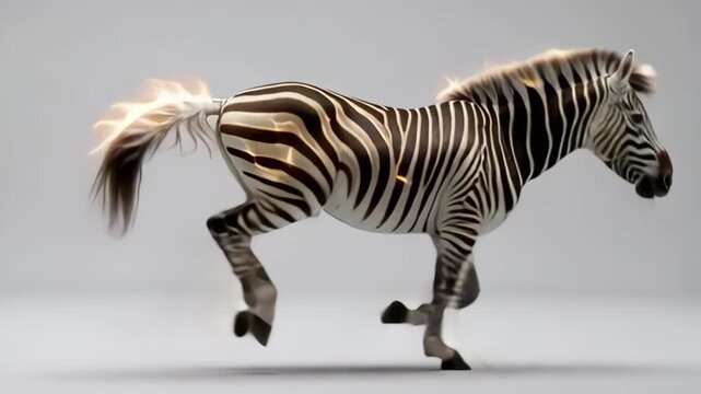 Majestic zebra with fiery mane and tail on gray background