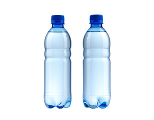 Two transparent bottles filled with clear liquid and blue caps