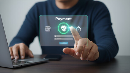 Businessman interacting with a digital secure payment interface on a futuristic transparent screen system