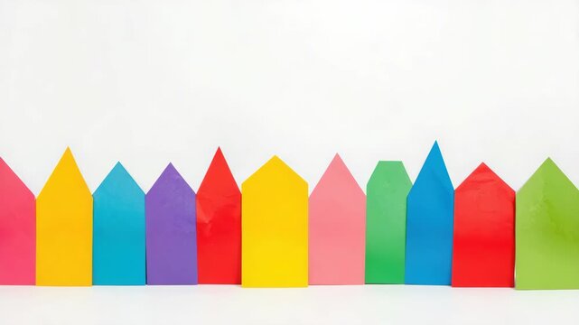 Colorful paper house cutouts row forming playful border along bottom with cheerful minimalist