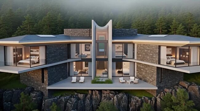 Contemporary Cliff Villa Architecture: Cantilevered Glass Pine Forest Golden Hour