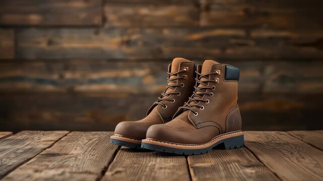 Brown leather work boot rugged durable warmth on wooden floor evoking outdoor utility and comfort