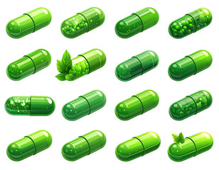 Green medicinal capsules filled with herbs/medicine