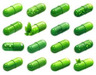 Green medicinal capsules filled with herbs/medicine