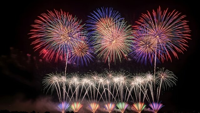 Vibrant fireworks display over water at night - Powered by Adobe