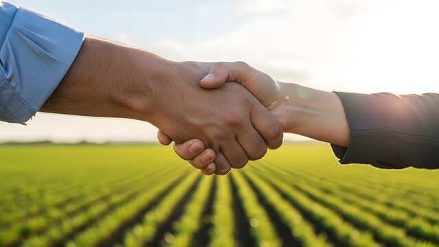 Handshake in a lush green field at sunset