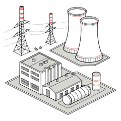 Fototapeta premium an isometric illustration depicting an industrial complex with cooling towers power lines and a factory building high quality