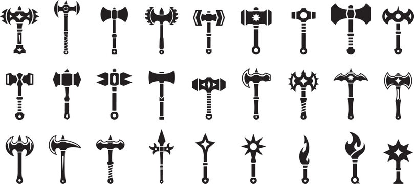 Different fantasy war hammer silhouettes collection, Different types of axes, simple graphic collection, Vector illustration for banner, post card, invitation, flyer.