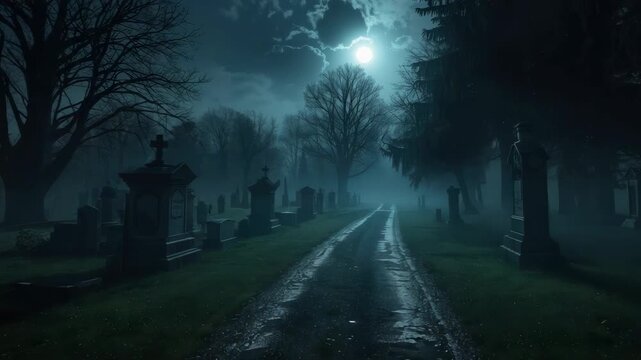 Moonlit cemetery path at night with fog, moonlight, tombstone lined lane and eerie calm