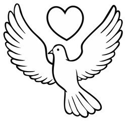 Fototapeta premium Outline of a dove with open wings carrying a heart symbol above