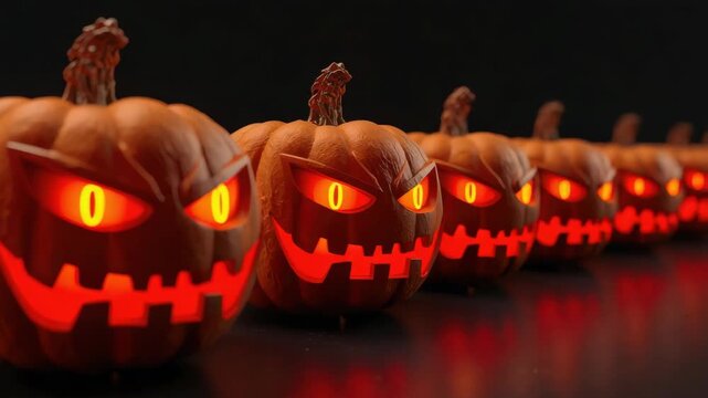 Glowing carved pumpkin lineup with sinister eyes and fiery smiles. angry glowing jack o lantern