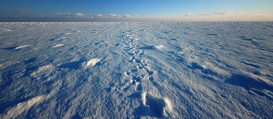 Vast Frozen Expanse of Snow and Ice with Footprints under Clear Blue Sky on Horizon