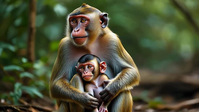 Tender HD Wildlife Footage of a Monkey Carrying Its Baby in Natural Forest Light, Emotional Animal Bond Scene Highlighting Care, Protection, and Nature Harmony