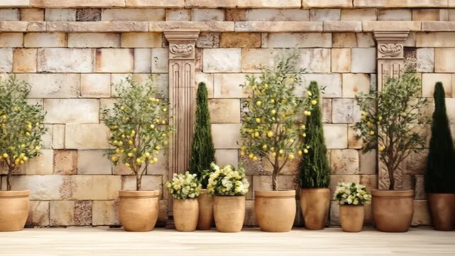 A row of potted citrus trees with lemon fruits and ornamental greenery in front of a stone wall