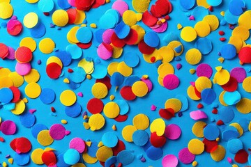Vibrant Confetti Scatter on Azure Surface Party Celebration Backdrop