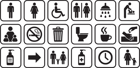 Public Wayfinding Icons Set - Universal Symbols for Restrooms, Facilities, and Safety