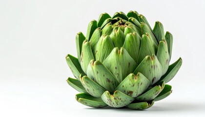 Close-up of a fresh green artichoke on a white background.