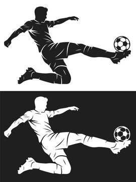 Soccer player illustration showing a male athlete jumping and striking a football in midair during an attacking play.