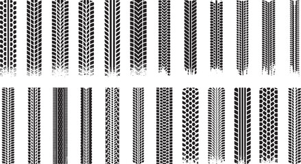 Collection of various black tire tread patterns silhouette, showing different types of textures and designs , banner vector illustration.  2