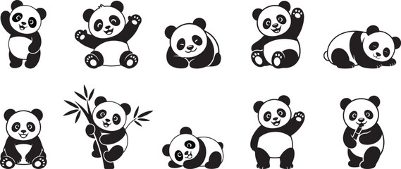 Collection of Panda various poses clipart, Animal panda drawing, cute animal, banner vector illustration. © Madusanka
