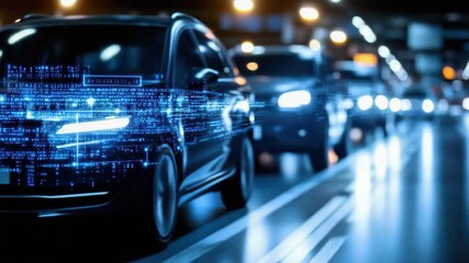 Autonomous car digital interface night urban. futuristic electric vehicle speeding with glowing - Powered by Adobe