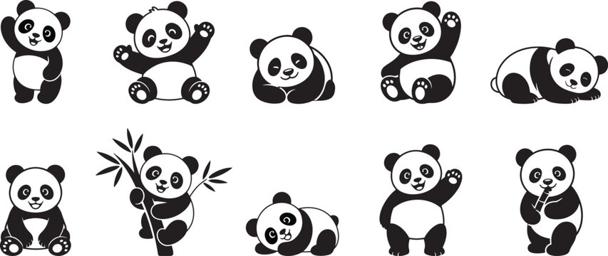 Collection of Panda various poses clipart, Animal panda drawing, cute animal, banner vector illustration.