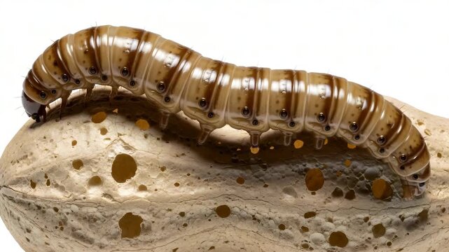 Close-up of a caterpillar on a peanut showcasing its segmented body