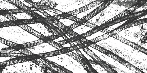 Intersecting tire tracks on light dirty ground texture pattern isolated on white background © GraphixEra