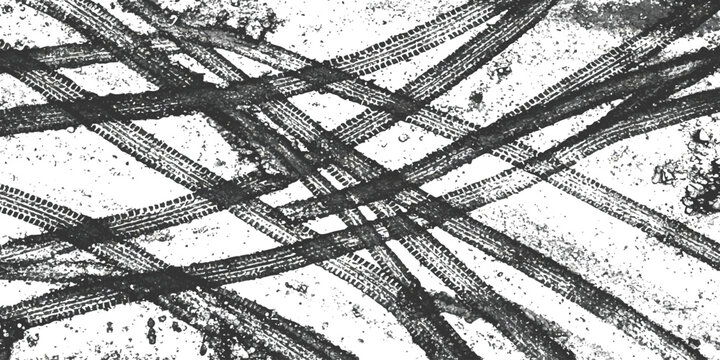 Intersecting tire tracks on light dirty ground texture pattern isolated on white background