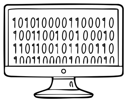 Computer monitor displaying binary code in a digital sketch style