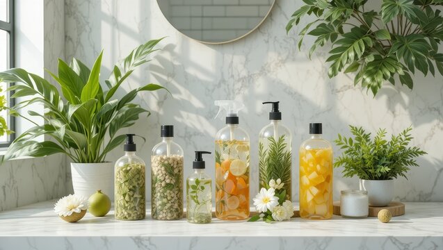 Set of Elegant Transparent Bottles with Herbal Infusions in a Bright Marble Bathroom Decor