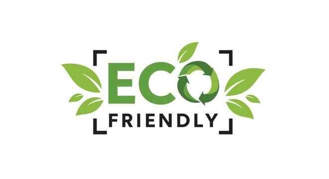 Green 'ECO FRIENDLY' logo design featuring fresh leaves and a circular recycling arrow symbol to promote sustainability.