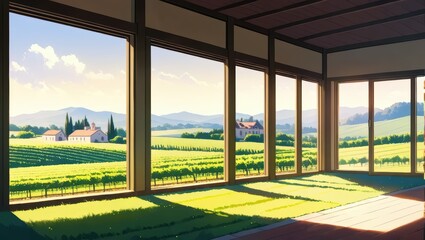 Serene Vineyard Landscape View at Sunset Through Large Windows in a Countryside Setting