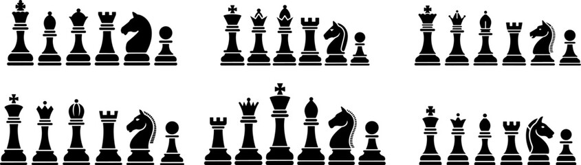Collection of Chess pieces arranged in a strategic formation silhouette, including king, queen, bishop, rook, knight, and pawn, arranged side by side, banner vector illustration. © Madusanka