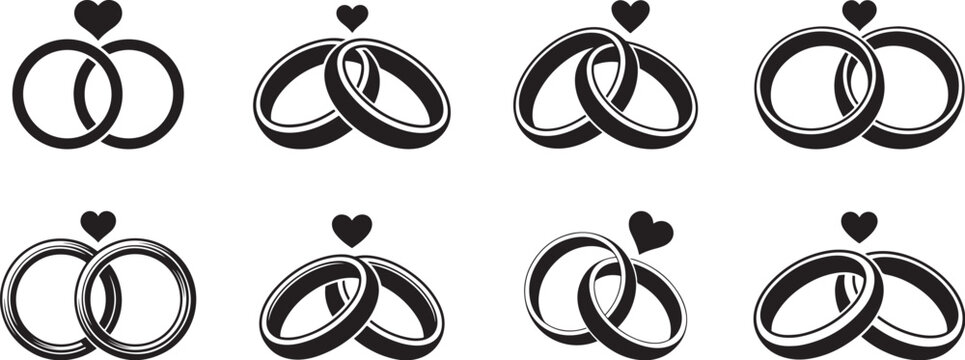 Collection of two interlocking wedding rings silhouettes, adding a touch of romance to the composition, symbolizing unity and marriage, simple linear style, love concept banner vector illustration.