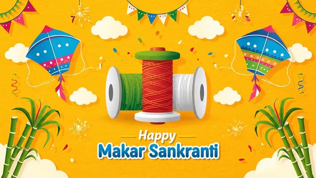 Happy Makar Sankranti Celebration Background Kites Spools Sugar Cane