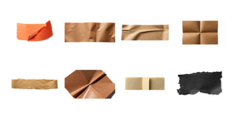 Collection of various brown paper textures tape fragments and folded craft elements isolated on transparent background on transparent background