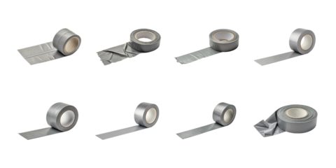 Collection of eight silver duct tape rolls partially unrolled showing varying angles for repair and utility on transparent background