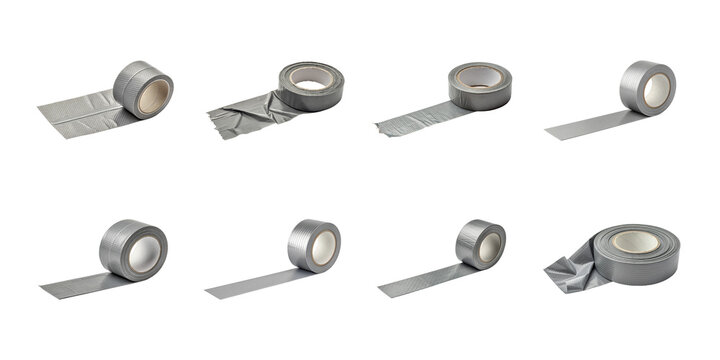 Collection of eight silver duct tape rolls partially unrolled showing varying angles for repair and utility on transparent background