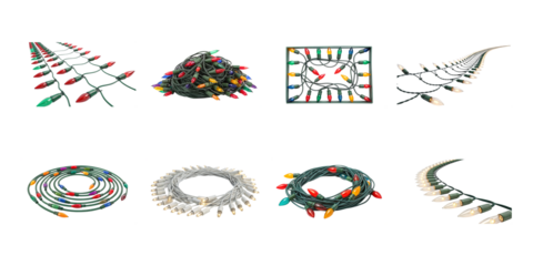 Collection of various colorful Christmas lights garland wreath and tree decoration elements on transparent background